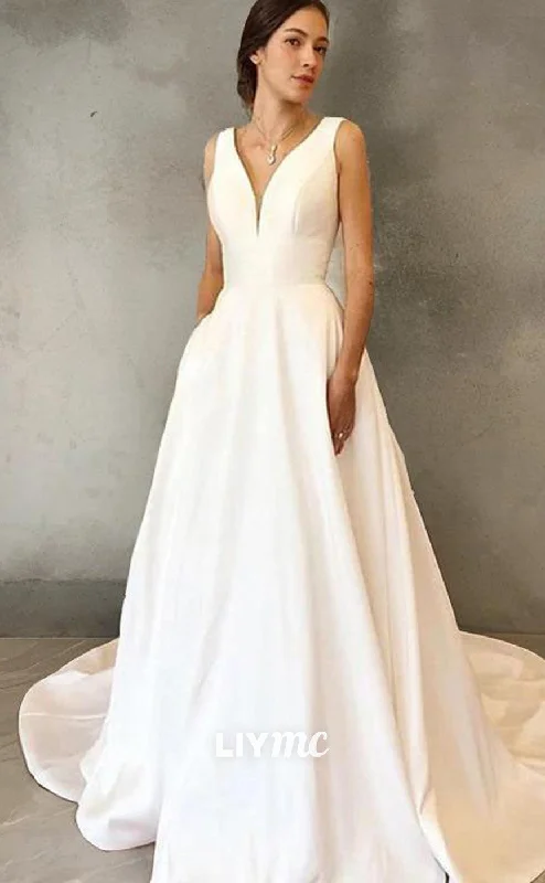 Weekend Discount Extravaganza LW621 - A-Line V-Neck Sweep Train Satin Wedding Dresses