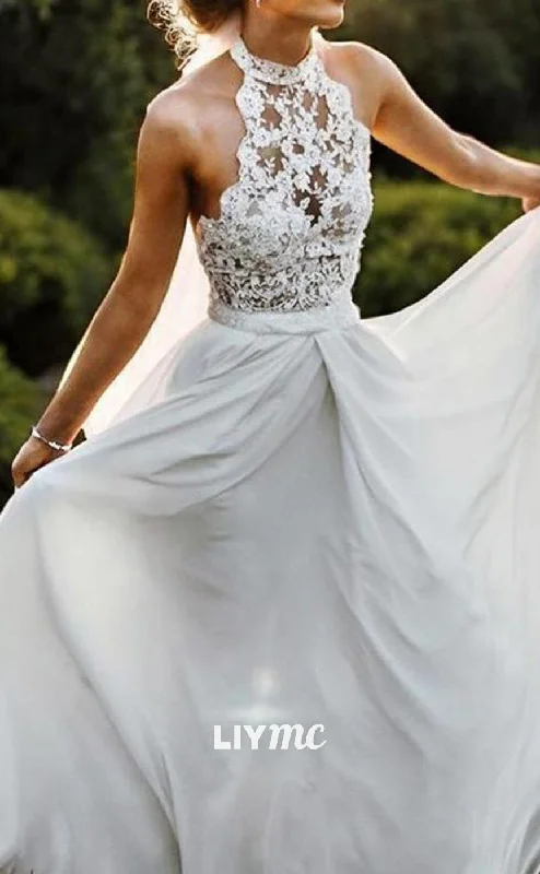 Weekend Markdowns Galore LW622 - A-Line Halter Floor-Length Chiffon Wedding Dresses With Lace