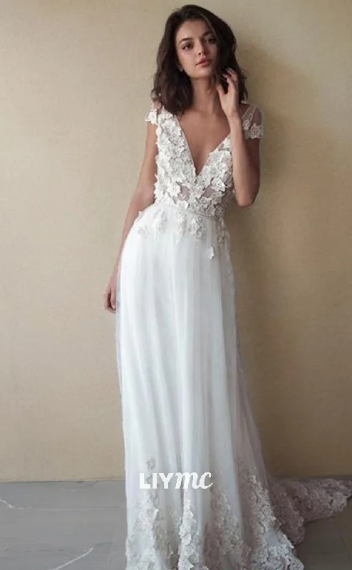 Weekend Steals Await LW626 - A-Line V-neck Sweep Train Tulle Wedding Dresses With Appliques Lace