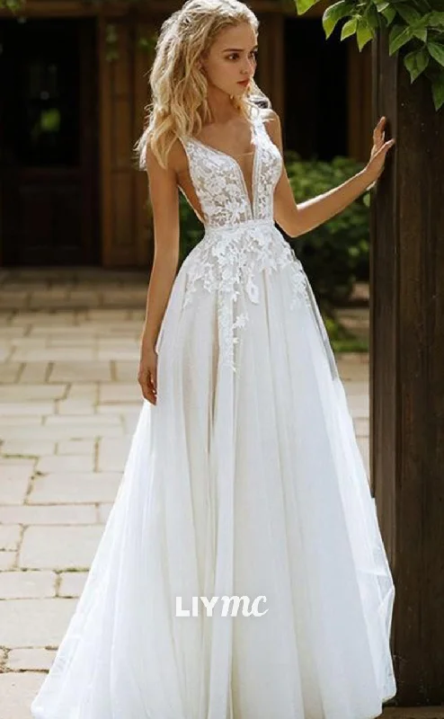 Weekend Shopping Deals LW627 - A-Line V-neck Sweep Train Tulle Wedding Dresses