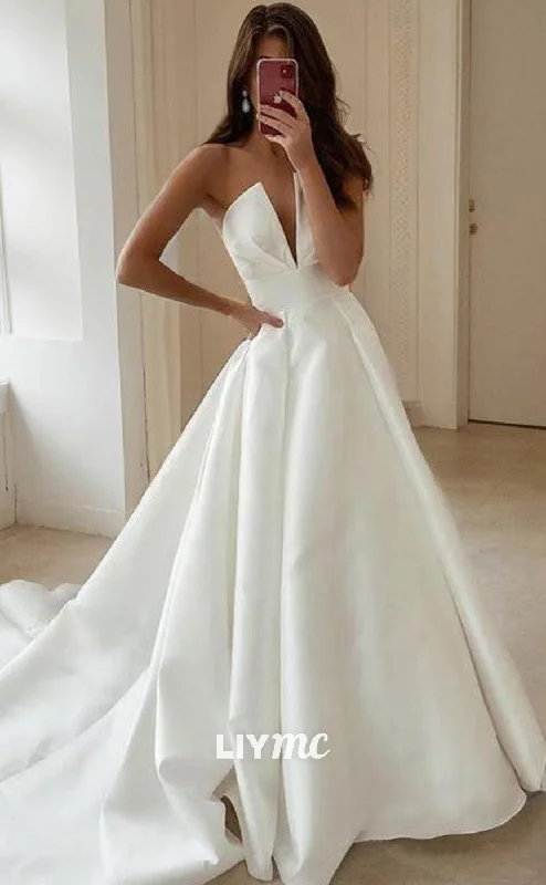 Weekend Big Savings LW630 - A-Line Princess V-neck Sweep Train Satin Wedding Dresses