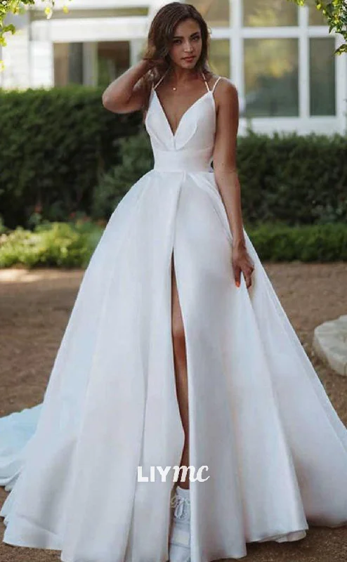 Weekend Flash Savings LW631 - A-Line Princess V-neck Sweep Train Satin Wedding Dresses With Leg Slit