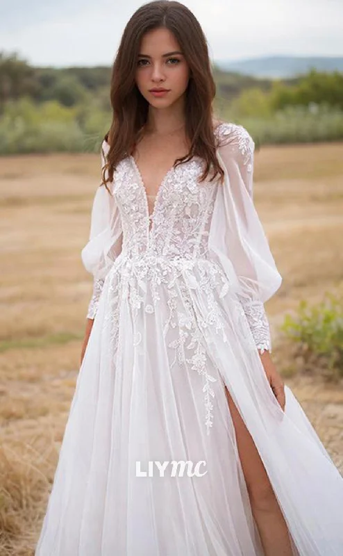 Weekend Shopping Fiesta LW633 - A-Line Princess V-neck Sweep Train Lace Wedding Dresses With Leg Slit