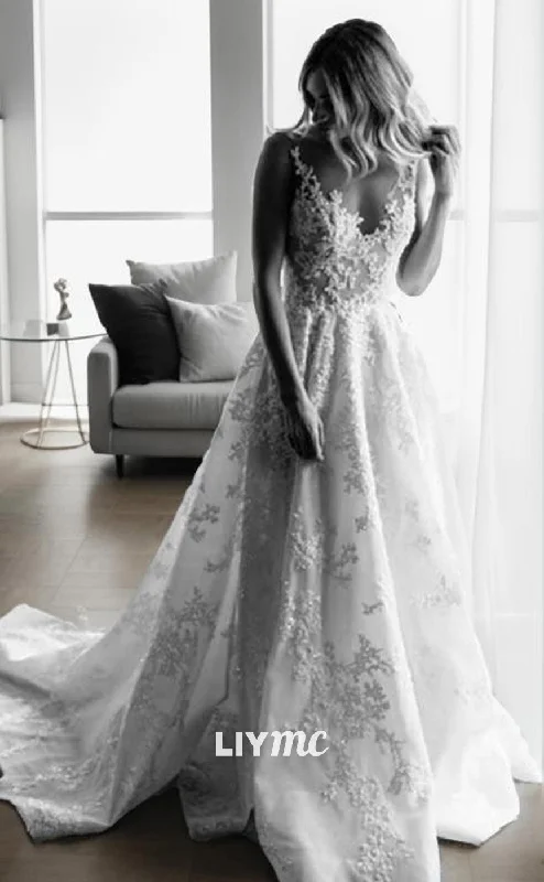 Weekend Bargain Deals LW635 - A-Line Princess V-neck Sweep Train Lace Wedding Dresses With Appliques Lace
