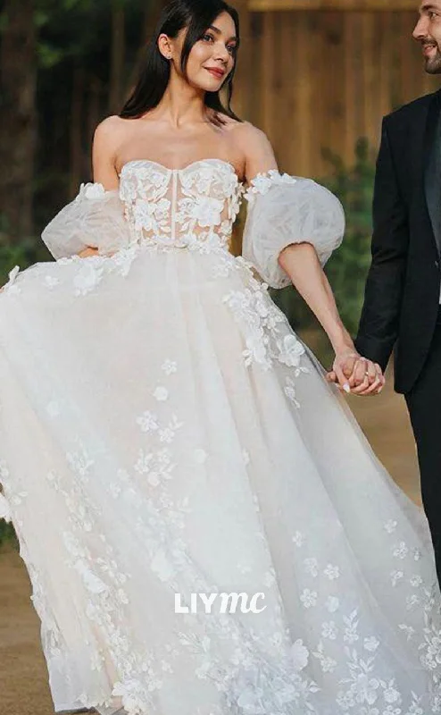 Weekend Exclusive Discounts LW636 - A-Line Princess V-neck Sweep Train Lace Wedding Dresses With Appliques Lace