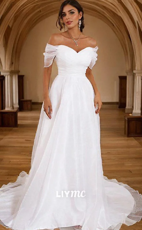 Weekend Top Offers LW639 - A-Line Princess Tulle Ruched Off-the-Shoulder Sleeveless Sweep Train Wedding Dresses