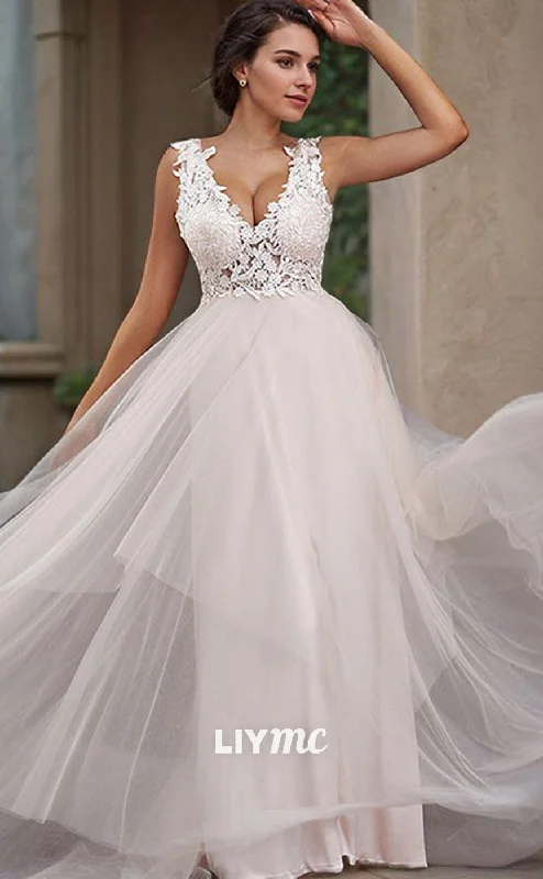 Weekend Deal Fever LW640 - A-Line Princess Tulle Applique V-neck Sleeveless Sweep Train Wedding Dresses