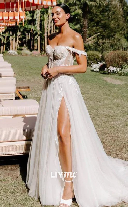 Weekend Offers Galore LW652 - Off-Shoulder Floral Appliques High Slit A-Line Beach Wedding Dress Weekend Offers Galore LW652 - Off-Shoulder Floral Appliques High Slit A-Line Beach Wedding Dress