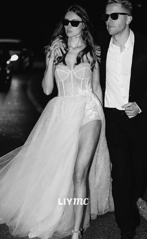 Weekend Exclusive Bargains LW656 - Semi-Sweetheart FLoral High Slit Tulle Sparkly Beach Wedding Dress Weekend Exclusive Bargains LW656 - Semi-Sweetheart FLoral High Slit Tulle Sparkly Beach Wedding Dress