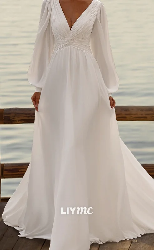 Weekend Discount Blast LW672 - V-Neck Long Sleeves Pleated Sleek Chiffon Sweep Train A-Line Beach Wedding Dress Weekend Discount Blast LW672 - V-Neck Long Sleeves Pleated Sleek Chiffon Sweep Train A-Line Beach Wedding Dress