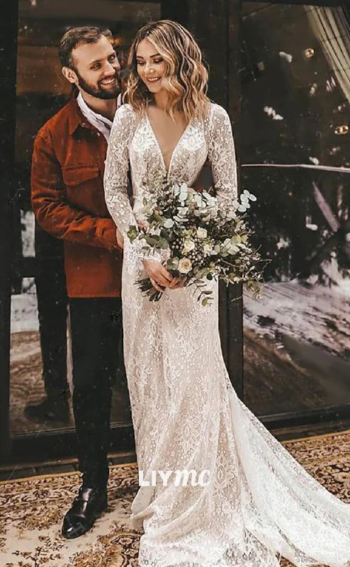 Final Sale Event LW675 - Low V-Neck Lace Appliques Long Sleeves A-Line Beach Wedding Dress Final Sale Event LW675 - Low V-Neck Lace Appliques Long Sleeves A-Line Beach Wedding Dress