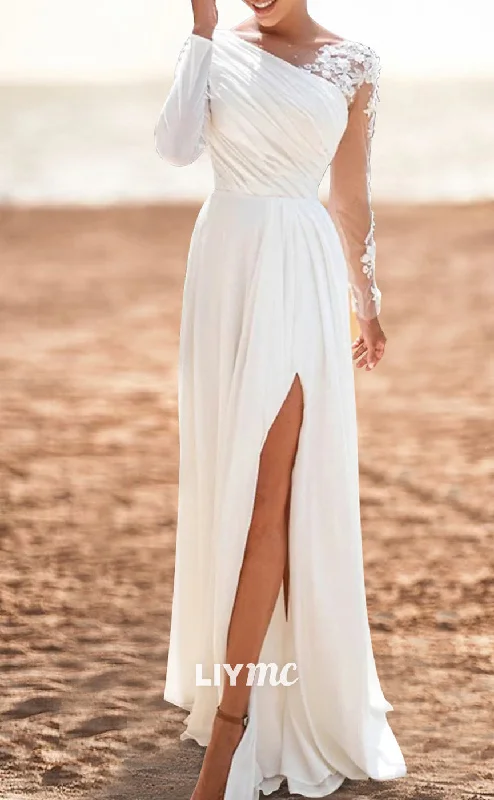 Sale Alert LW678 - Asymmetrical Appliques Pleated Sleek Satin Side Slit Beach Wedding Dress Sale Alert LW678 - Asymmetrical Appliques Pleated Sleek Satin Side Slit Beach Wedding Dress