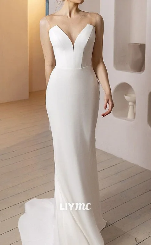 Big Bargain Bonanza LW679 - Classic Sleeveless V-Neck Sleek Satin Sweep Train Beach Wedding Dress Big Bargain Bonanza LW679 - Classic Sleeveless V-Neck Sleek Satin Sweep Train Beach Wedding Dress