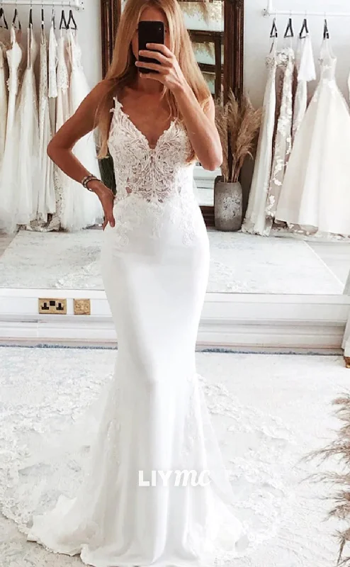 Price Slash Event LW680 - Mermaid Lace Appliques V-Neck Spaghetti Straps Beach Wedding Dress Price Slash Event LW680 - Mermaid Lace Appliques V-Neck Spaghetti Straps Beach Wedding Dress