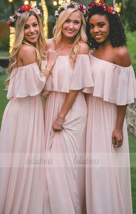 Super Low Prices Elegant A-Line Off-the-Shoulder Pink Chiffon Floor-Length Bridesmaid Dress