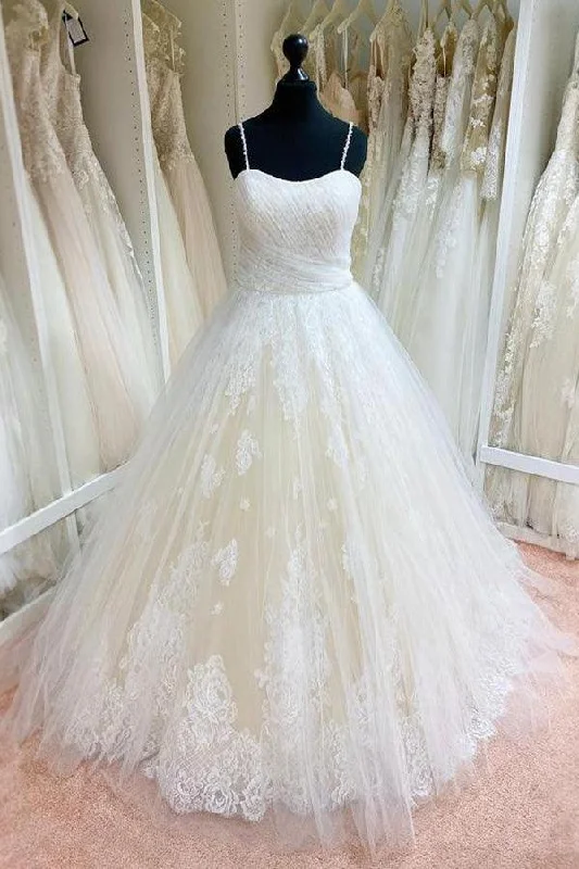 Weekend Big Sale Elegant and noble tulle lace spaghetti strap fluffy and ground length wedding dress