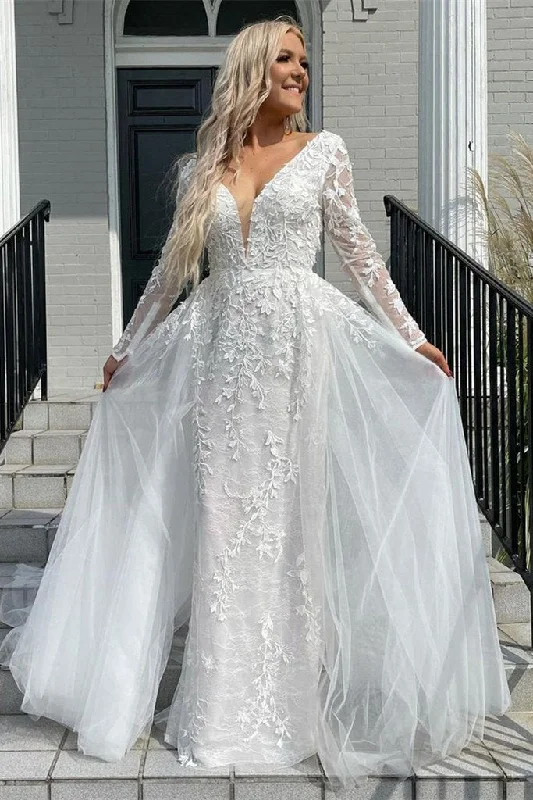 Instant Savings Elegant Mermaid Deep V-neck Appliques Ivory Wedding Dress ,DS2694