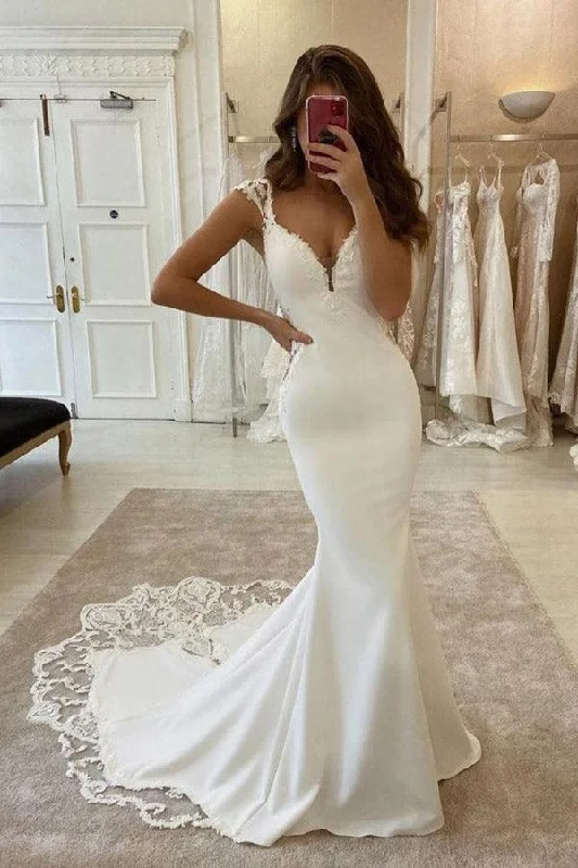 Shop & Save Elegant mermaid hat sleeve V-neck satin lace and floor length wedding dress Shop & Save Elegant mermaid hat sleeve V-neck satin lace and floor length wedding dress