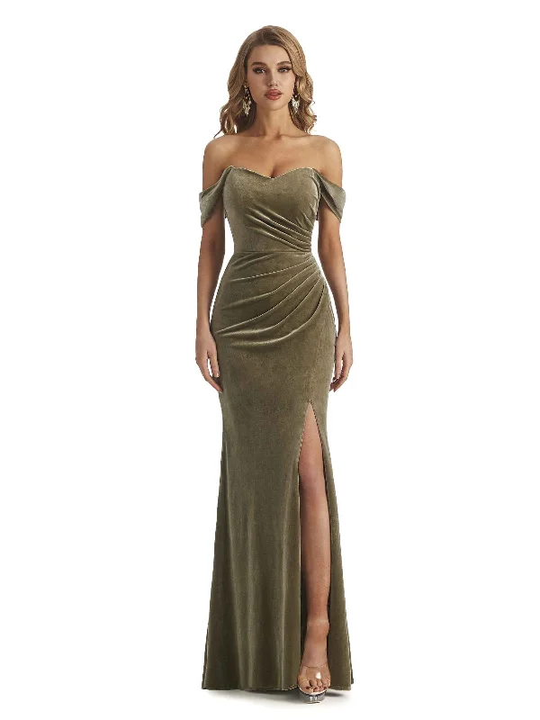 Weekend Limited-Time Offers Elegant Mermaid Off Shoulder Pleats Velvet Side Slit Long Bridesmaid Dresses