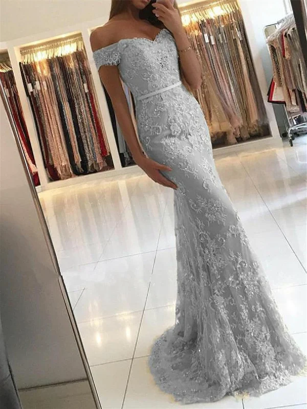 Weekend Deals Galore Elegant Off Shoulder Mermaid Lace Prom Dress, Lace Mermaid Formal Dress, Silver Grey Evening Dress, Lace Bridesmaid Dress