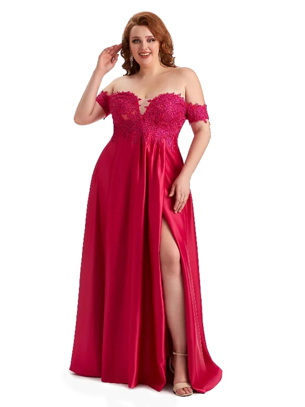 Instant Discount Plus Size Elegant Off The Shoulder Side Slit Lace Soft Satin Long Bridesmaid Dresses Online