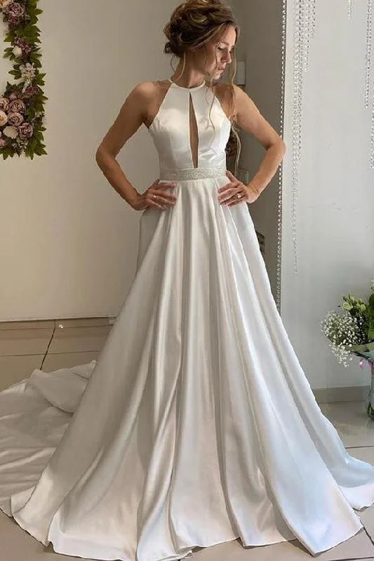 Weekend Sale Day Elegant one line collar backless long satin beaded strap and floor length wedding dress