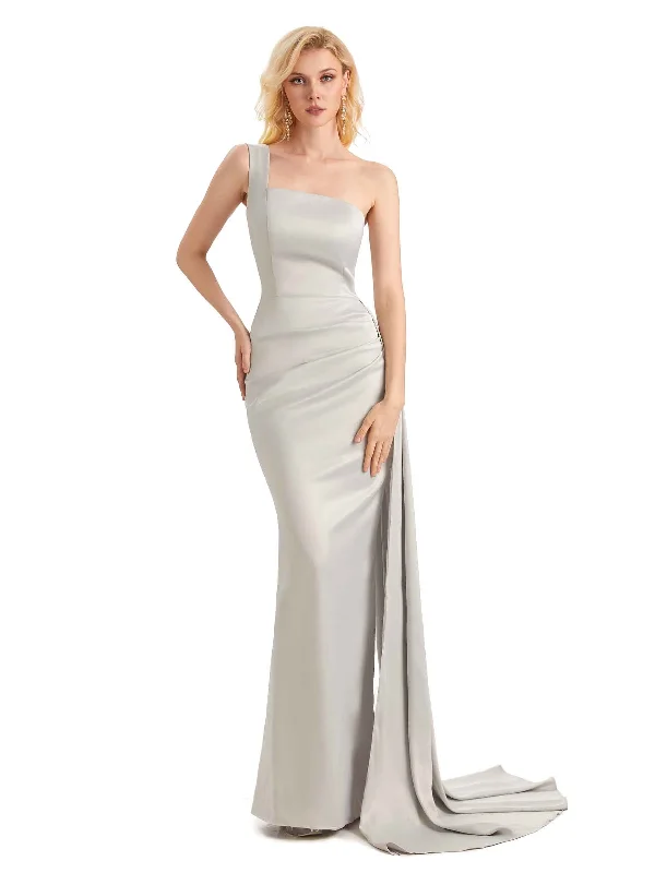 Shop Now and Save Elegant One Shoulder Soft Satin Mermaid Unique Long Bridesmaid Dresses Online