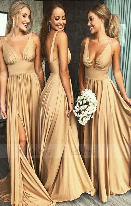 Limited Quantity elegant v neck gold long bridesmaid dresses, wedding party dresses