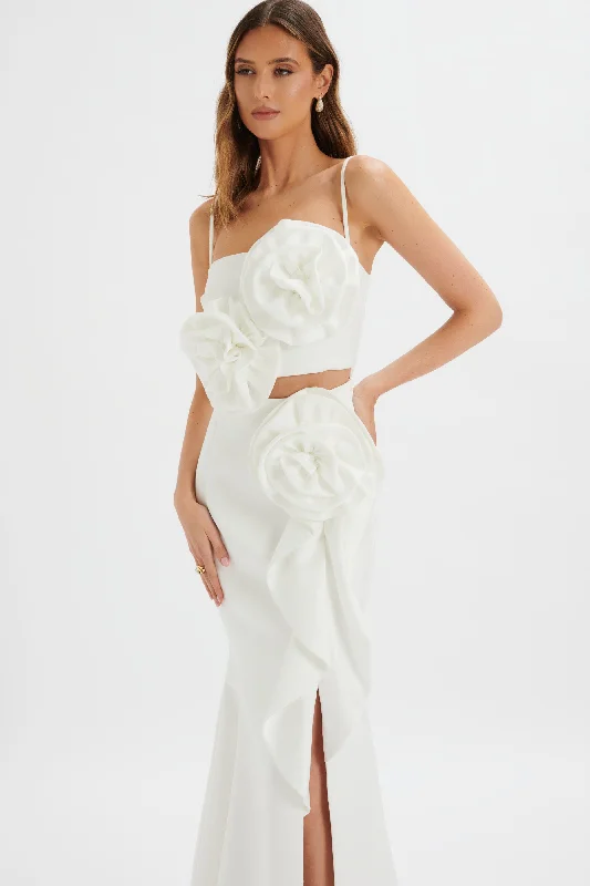 Weekend Shopping Spree FLEUR Statement 3D Floral Satin Maxi Dress in White
