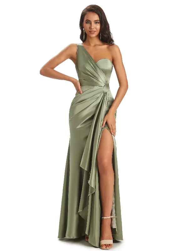 Weekend Best Deals Elegant Soft Satin Side Slit One Shoulder Unique Mermaid Bridesmaid Dresses Online