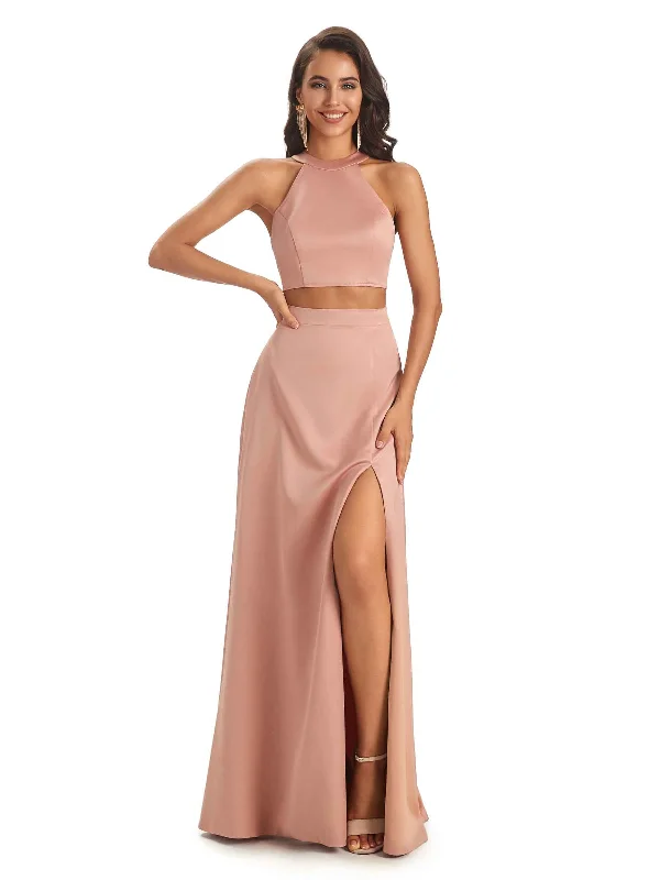 Weekend Only Sale Soft Satin Two-Pieces Halter Side Slit Sexy Fashion Bridesmaid Dresses Online Weekend Only Sale Soft Satin Two-Pieces Halter Side Slit Sexy Fashion Bridesmaid Dresses Online