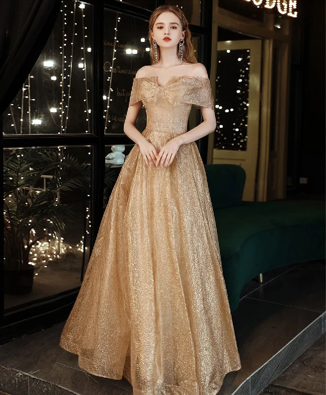 Seasonal Discounts Gold Tulle Sequin Off Shoulder Long Prom Dress, Gold Formal Evening Dresses