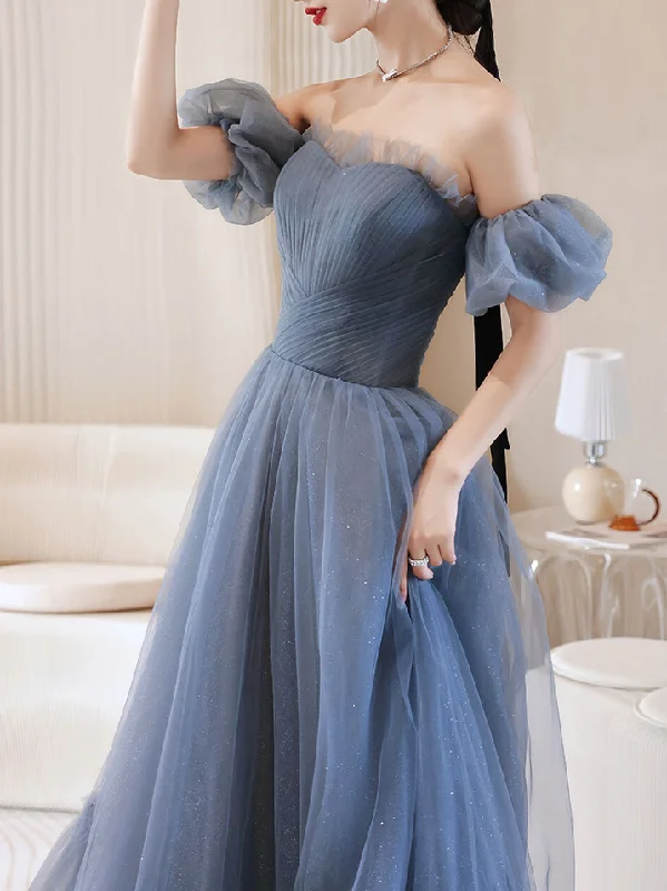 Weekend Clearance Event Gray Blue Tulle Long Prom Dress, Gray Blue Evening Dress