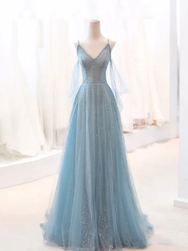 Weekend Only Savings Gray Blue V Neck Tulle Sequin Long Prom Dress, Blue Evening Dress