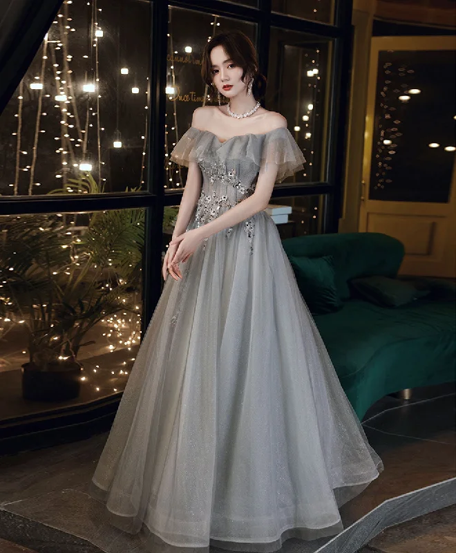 Exclusive Discounts Just for You Gray Sweetheart Tulle Lace Long Prom Dress, Gray A line Formal Graduation Dress