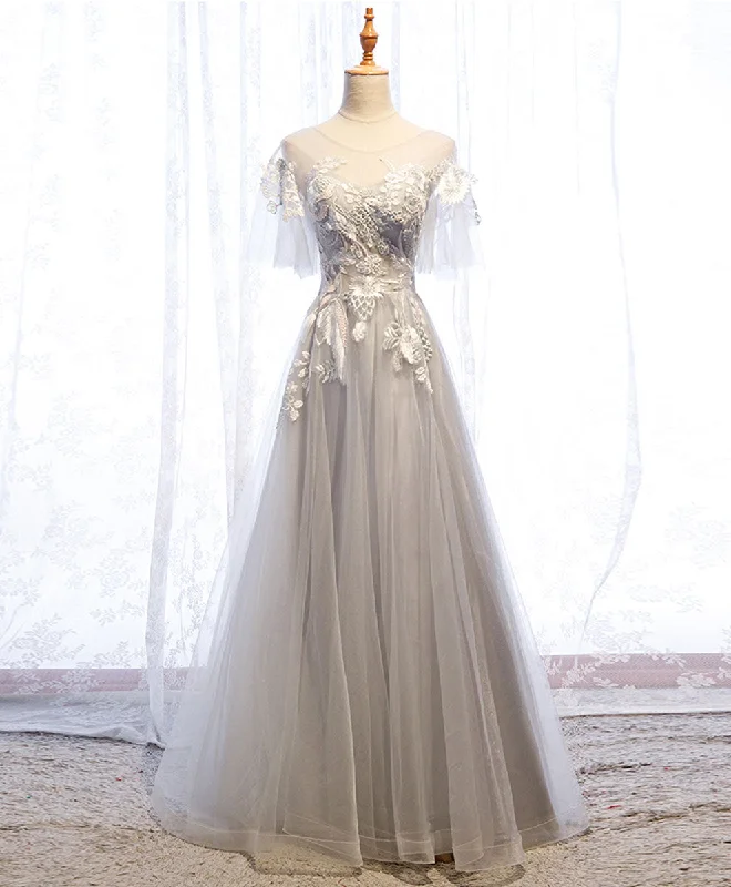 Limited-Time Bargains Gray Aline Lace Long Prom Dress, Gray Tulle Lace Formal Graduation Dress Limited-Time Bargains Gray Aline Lace Long Prom Dress, Gray Tulle Lace Formal Graduation Dress