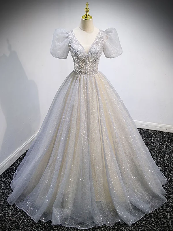 Final Clearance Gray Tulle Sequin Long Prom Dress, Gray Tulle Formal Graduation Dresses
