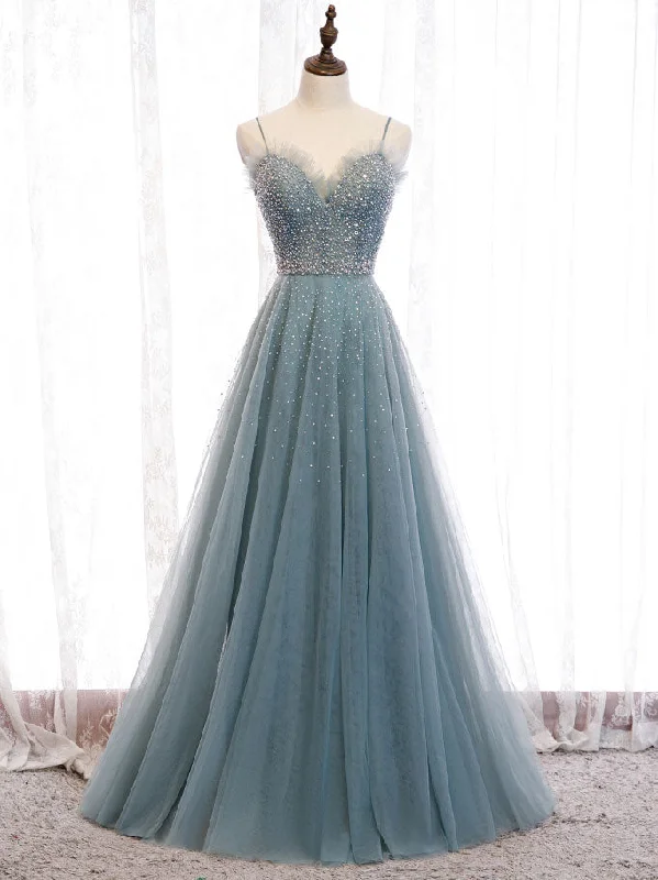 Big Discount Event Green Sweetheart Neck Tulle Sequin Long Prom Dress Green Evening Dress
