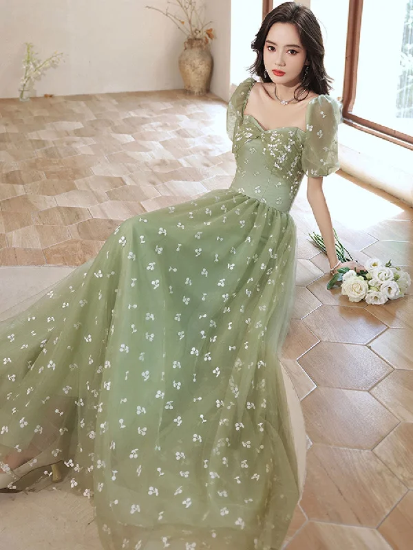 Unbeatable Bargains Green Tulle Long Prom Dress, Green A line Formal Graduation Dresses