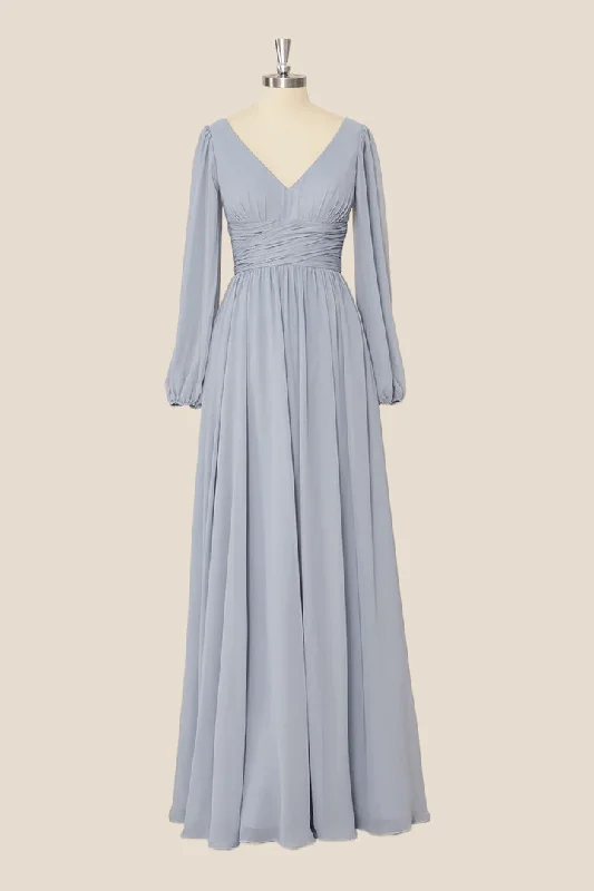 Weekend Specials Galore Grey Long Sleeves Chiffon A-Line Long Party Dress Bridesmaid Dress,DP1819 Weekend Specials Galore Grey Long Sleeves Chiffon A-Line Long Party Dress Bridesmaid Dress,DP1819