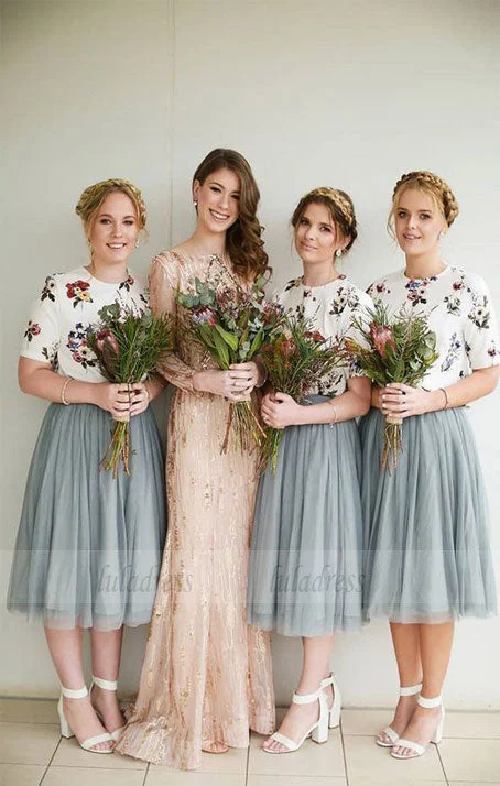 Hot Sale Items Tulle Bridesmaid Dresses With Floral, Bridesmaid Dresses with Short-Sleeves, Elegant Bridesmaid Dress