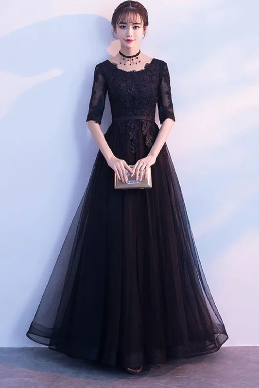 Price Slash Half Sleeves Round Neck Black Lace Long Prom Dresses, Black Lace Formal Graduation Evening Dresses, Black Bridesmaid Dresses