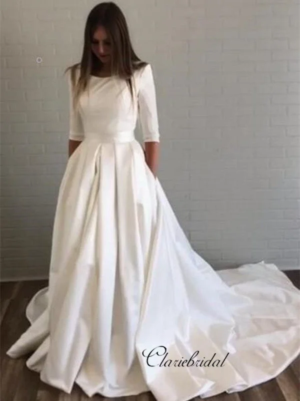 Weekend Steals and Deals Half Sleeves Wedding Dresses with Pockets, Simple Design Satin Wedding Dresses Weekend Steals and Deals Half Sleeves Wedding Dresses with Pockets, Simple Design Satin Wedding Dresses