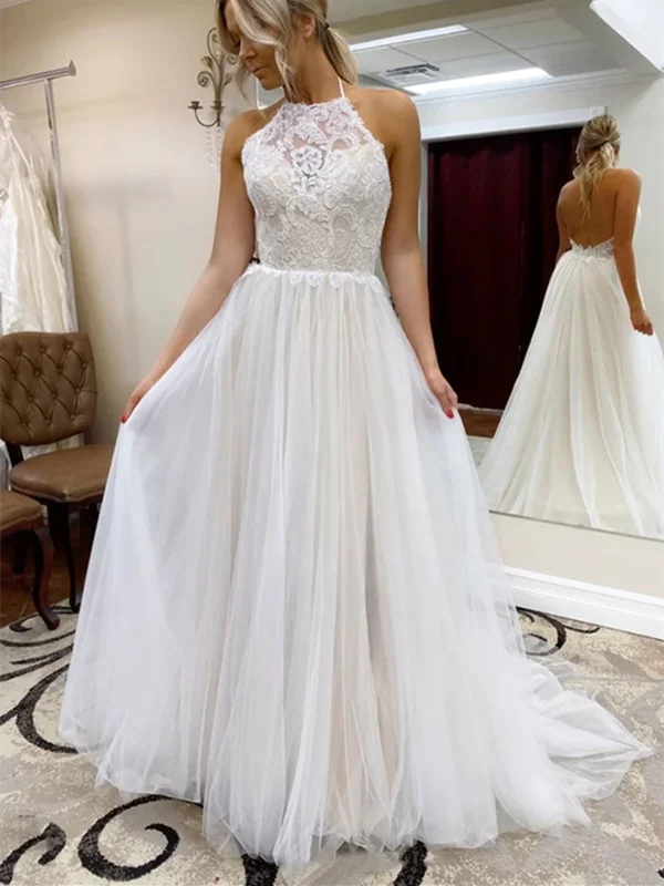 Weekend Special Discounts Halter Neck White Lace Backless Tulle Long Prom Dresses, Backless Lace White Wedding Dresses, Lace Formal Evening Dresses Weekend Special Discounts Halter Neck White Lace Backless Tulle Long Prom Dresses, Backless Lace White Wedding Dresses, Lace Formal Evening Dresses