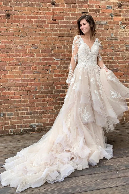 Weekend Price Drop Event High Low V Neck Long Sleeve Champagne Lace Prom Wedding Dresses with Train, Long Champagne Lace Formal Evening Dresses Weekend Price Drop Event High Low V Neck Long Sleeve Champagne Lace Prom Wedding Dresses with Train, Long Champagne Lace Formal Evening Dresses