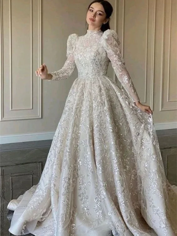 Weekend Special Shopping Event High Neck Bubble Sleeves Lace Wedding Dresses, A-line Wedding Dresses, Gorgeous Bridal Gown, Affordable Wedding Dresses