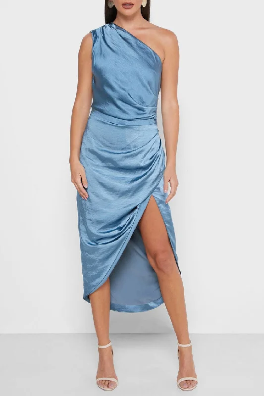 Weekend Steals Await High Slit One Shoulder Satin Cocktail Party Dress - Dusty Blue