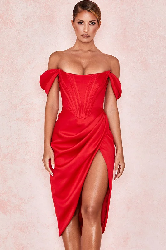 Weekend Price Slash Day High Split Ruched Off Shoulder Satin Midi Corset Dress - Red