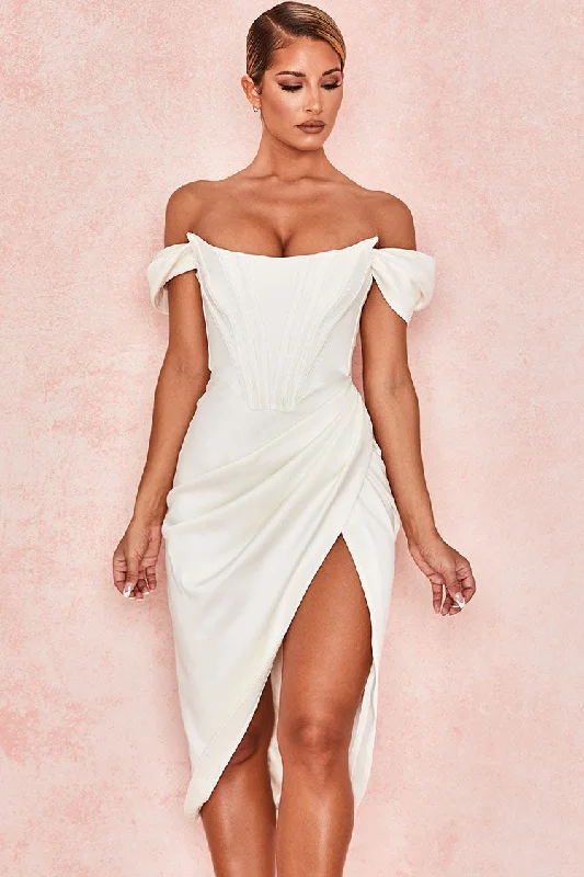 Weekend Hot Prices High Split Ruched Off Shoulder Satin Midi Corset Dress - White