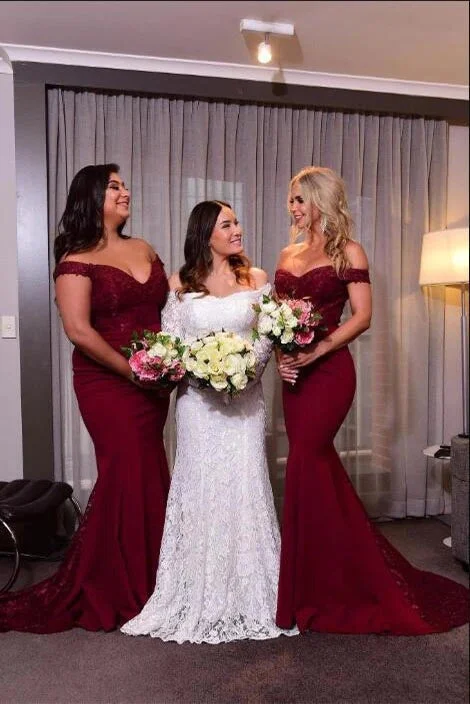 Weekend Sale Frenzy Hot Mermaid Long Off Shoulder Burgundy Lace Bridesmaid Dresses